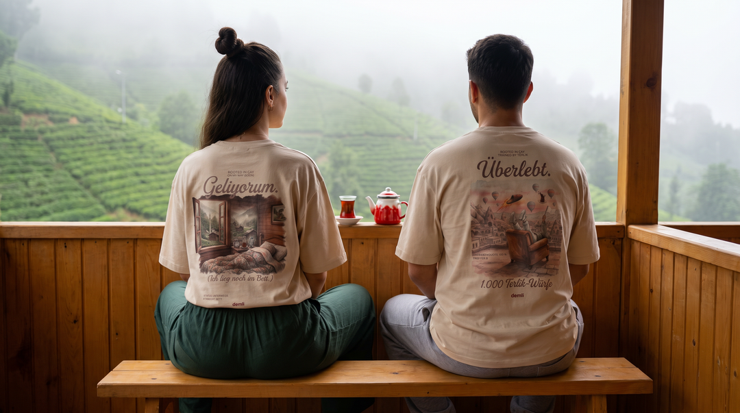 Zwei Freunde in demli Shirts auf einer Holzveranda am Schwarzen Meer