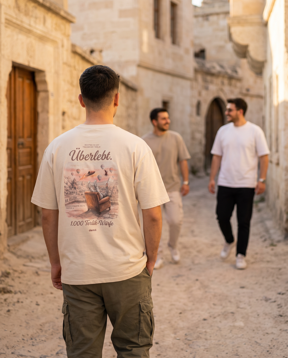Mann im demli Überlebt. Shirt in Sand von hinten in einer Dorfgasse in Kappadokien