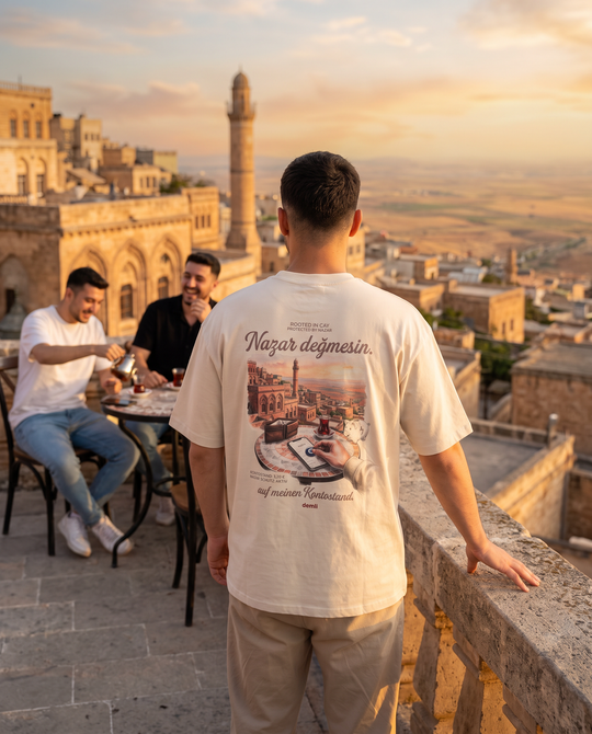 Mann im demli Nazar değmesin. Shirt in Sand von hinten auf einer Terrasse in Mardin
