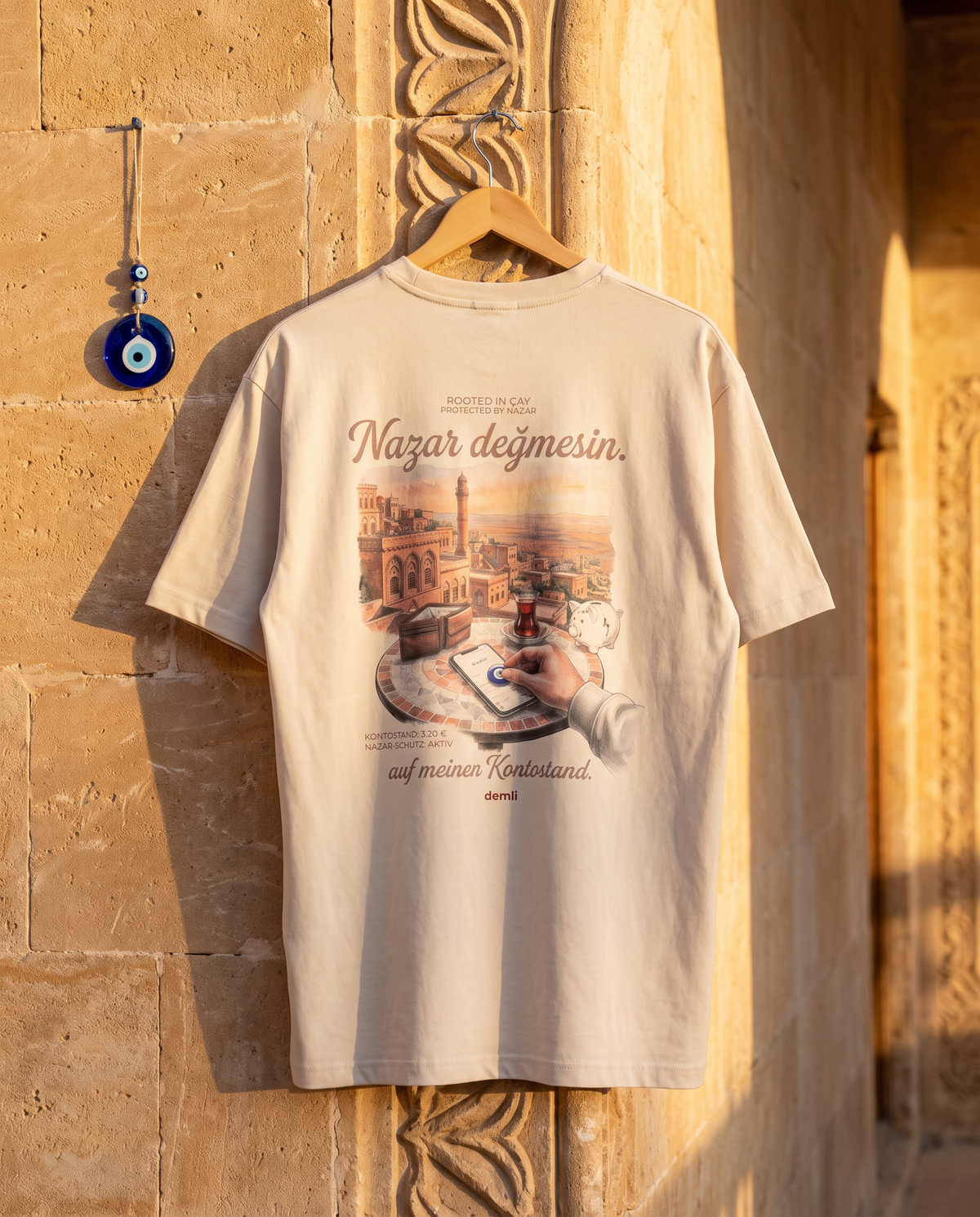 demli Nazar değmesin. Oversized T-Shirt in Sand auf einem Holzbügel an einer Kalksteinwand in Mardin