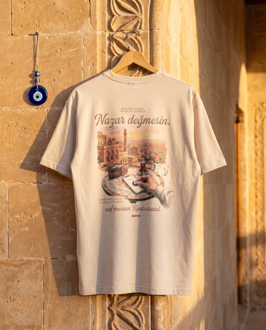 demli Nazar değmesin. Oversized T-Shirt in Sand auf einem Holzbügel an einer Kalksteinwand in Mardin