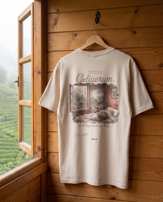 demli Geliyorum. Oversized T-Shirt in Sand auf einem Holzbügel an einer Holzwand am Schwarzen Meer